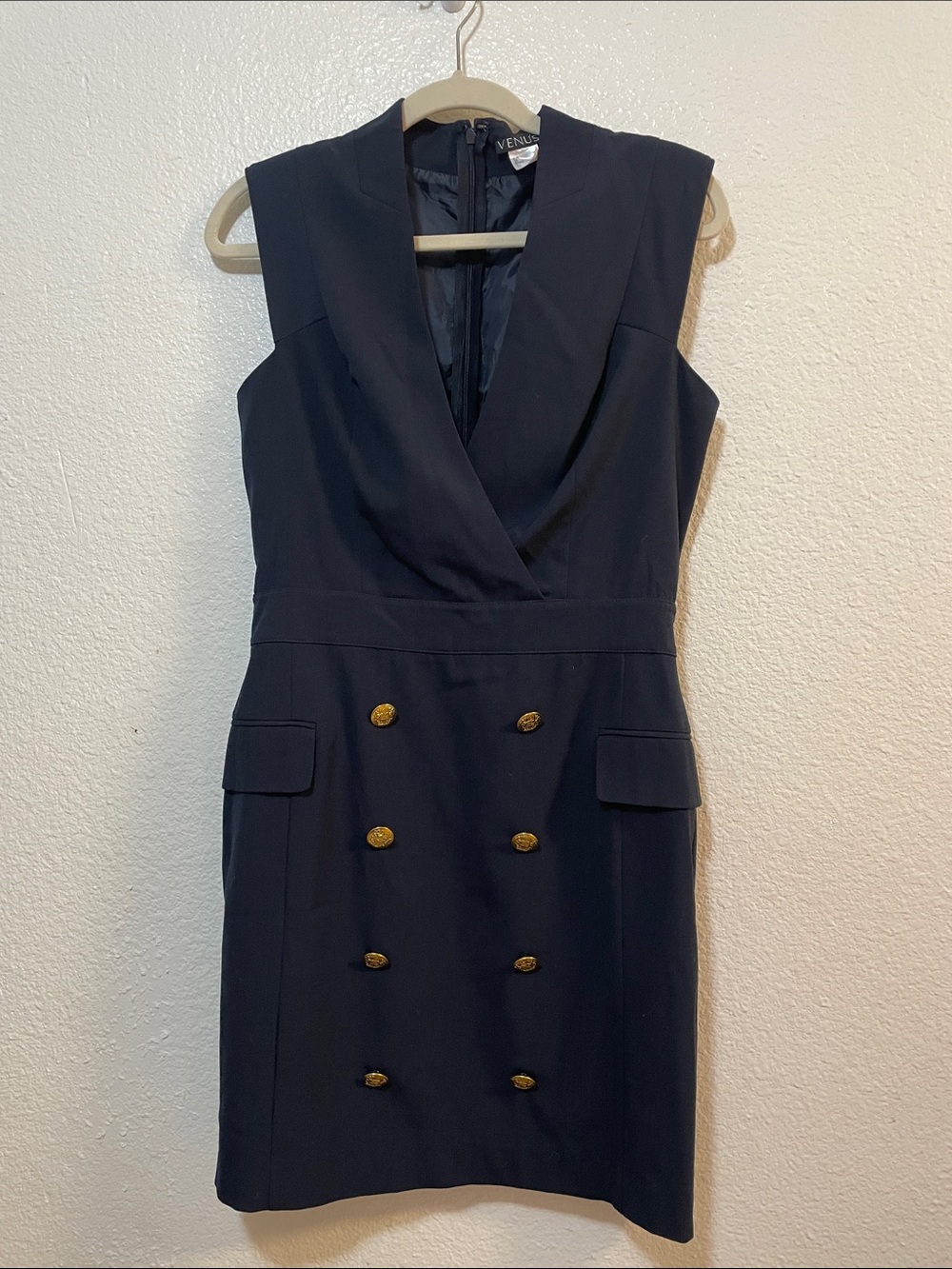 VENUS Navy Sleeveless Double-Breasted Sheath Dress with Gold Buttons